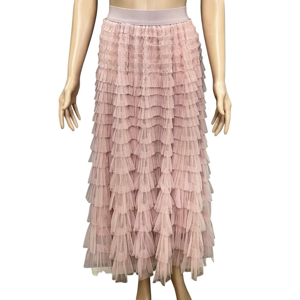Womens Tiered Tulle Maxi Skirt Medium Pink A-line Coquette Party Fairy Ankle